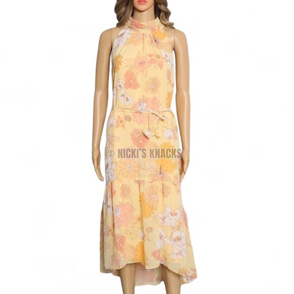 Eliza J Yellow Floral Halter High Low Dress Sleeveless Tie Back Midi Size 10 NWT - Picture 2 of 12
